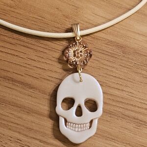 Adorable Small Skull Pendant And Bead On Waxed Cord- Handmade